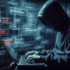 Hooded figure typing on a laptop with digital data and code in the background.