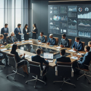 Large conference room filled with professionals seated around a long table, engaged in discussion.