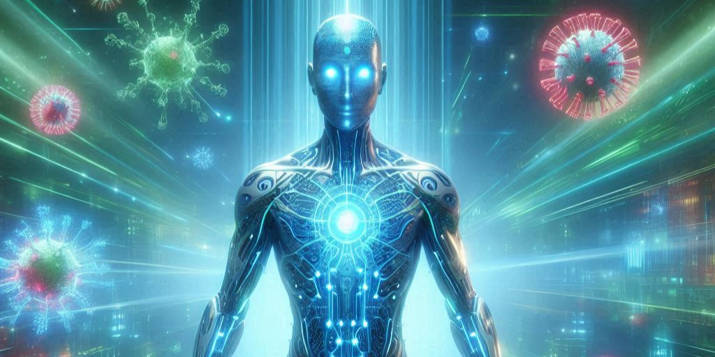 Futuristic humanoid figure with glowing circuitry, surrounded by virus-like elements and light bursts.