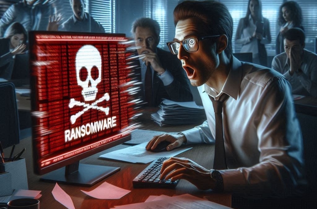 Man in a white shirt looks shocked at a computer screen displaying a ransomware warning.