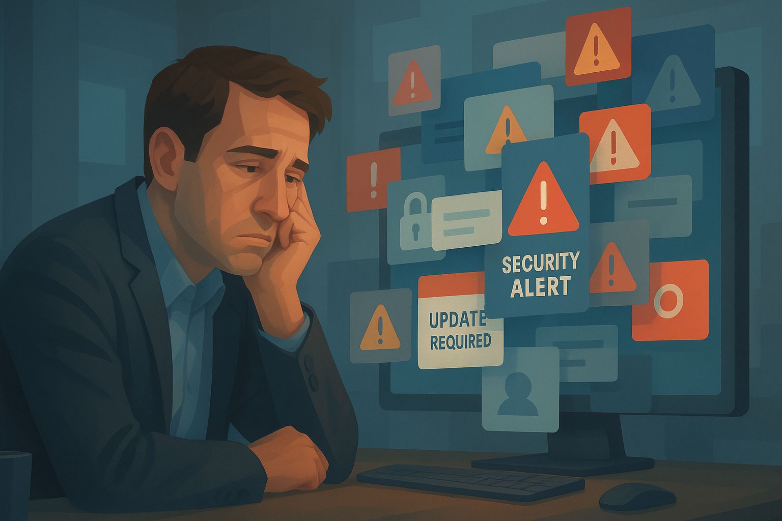 Frustrated man security alerts computer